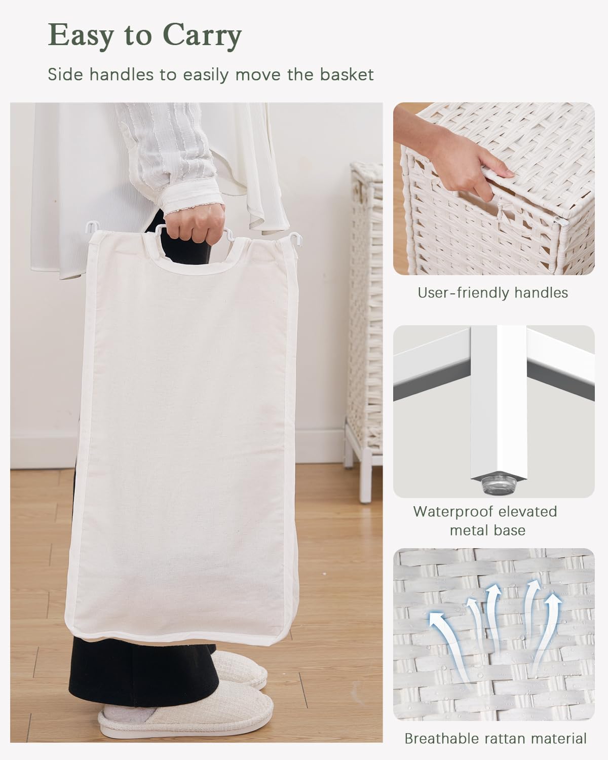 SETVSON Laundry Hamper with Lid, Large 132L Rattan Basket, White