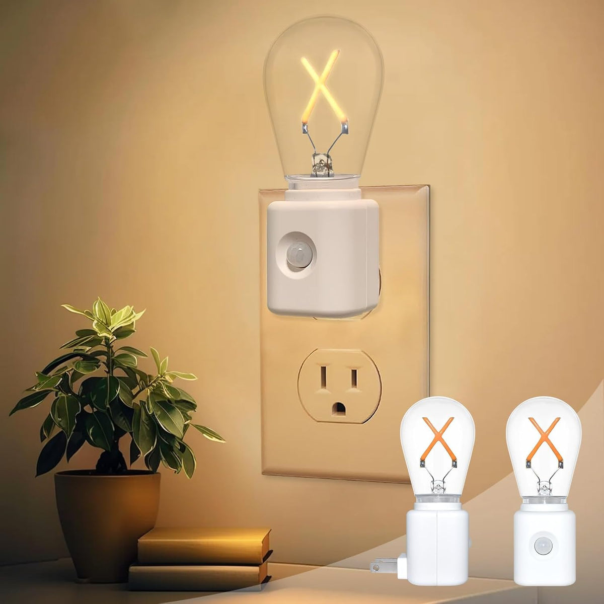 LED Amber Night Light, Night Lights Plug into Wall, LED Night Lights with Motion Sensor, Dimmable 2200K Night Light for Christmas, Holiday Decor, Hallway, Bedroom, 2-Pack