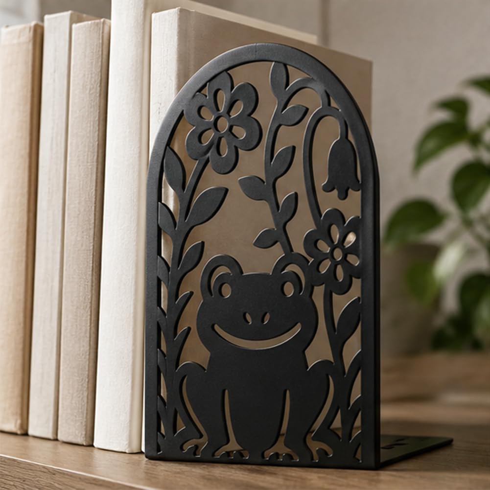 1 Pairs Cute Frog Metal Bookends, Heavy Duty Black Book Support, Modern Creative Books Organiser Stopper for Shelves Bookshelf Office Home Decor, Bookworms & Animal Lovers Gift