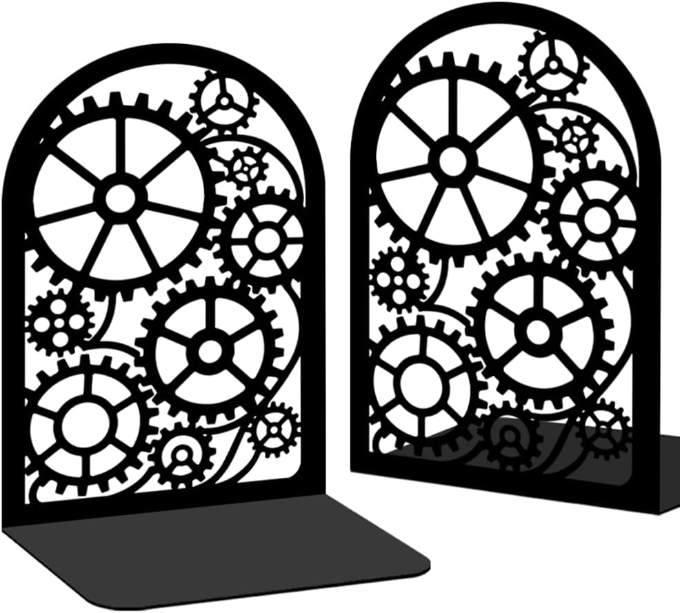 Gear Book Shelf Decorative Bookends for Shelves, Book Ends for Heavy Books, Interlocking Gear Design Metal Bookends for Desk Organizer, Office Library Decor Decorative Books for Home Decor