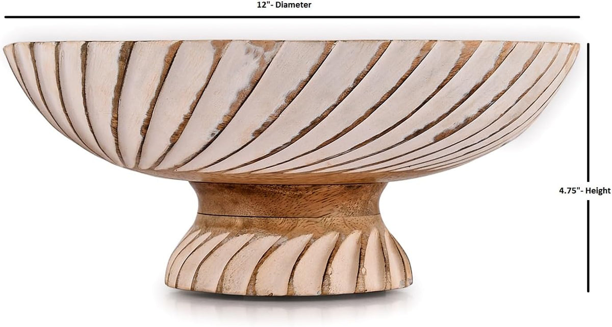 NIRMAN FRUIT BOWL Mango Wood Fruit Bowl Pedestal Bowl for Table Décor, Wooden Fruit Bowl for Kitchen Counter Pedestal Fruit Bowl, Dried Fruit (12" X 12" X 4.75")