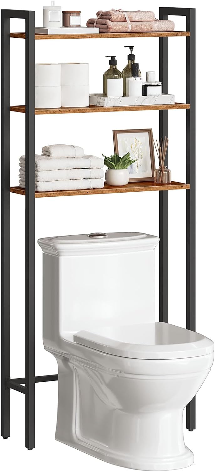 HOOBRO Over The Toilet Storage, 3-Tier Bathroom Organizer Shelf Over Toilet, Freestanding Bathroom Storage Shelves, Space Saver, Easy to Assemble for Room, Rustic Brown and Black BF41TS01