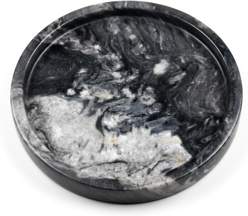 Round Grooved Marble Tray, 10-Inch Polished Natural Stone Serving Platter | Heavyweight 5lb Decorative Vanity Tray for Kitchen, Bathroom, Coffee Bar, Perfume Organizer & Charcuterie Board