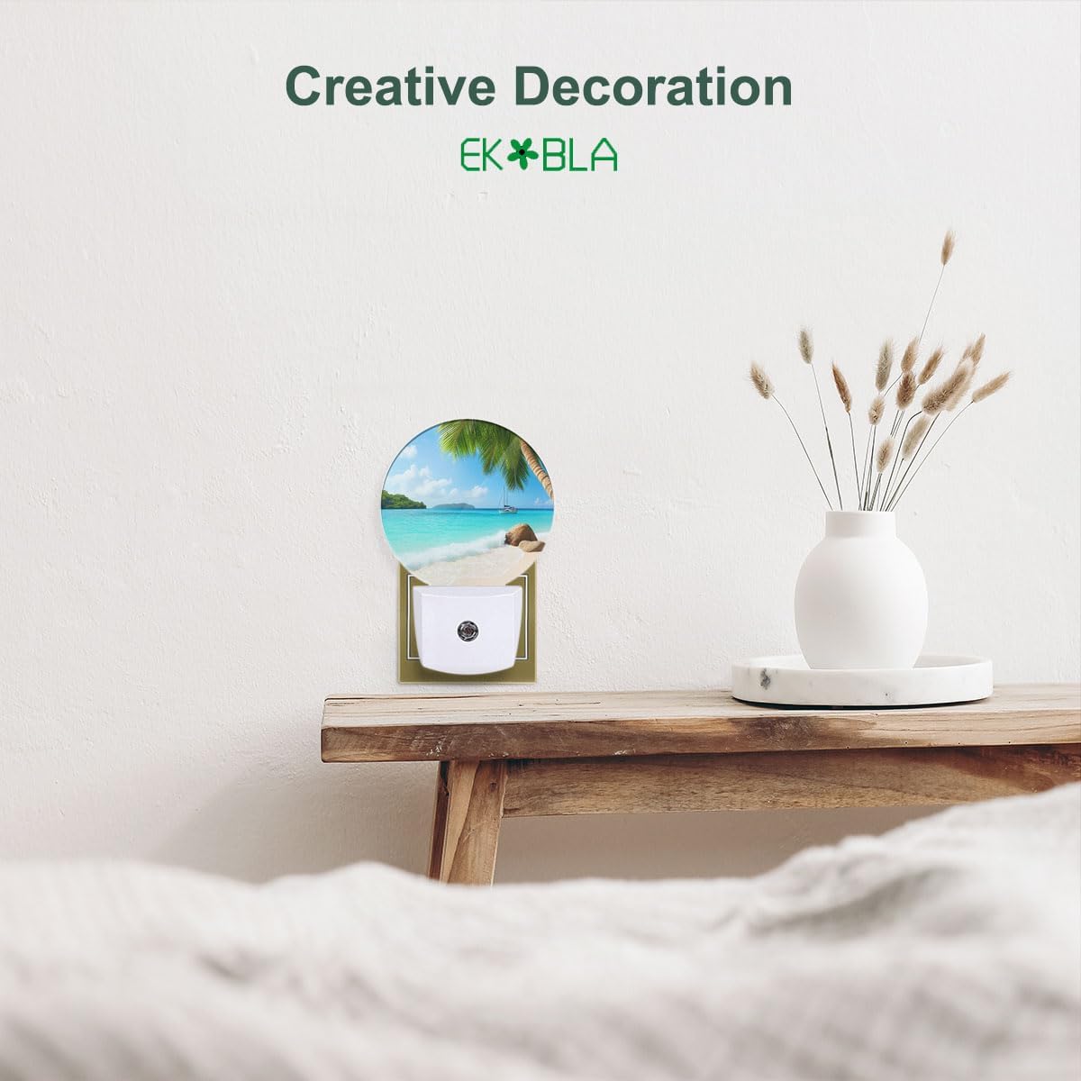 EKOBLA Palm Tree and Beach Night Light, Plug in Wall Light with Sensor