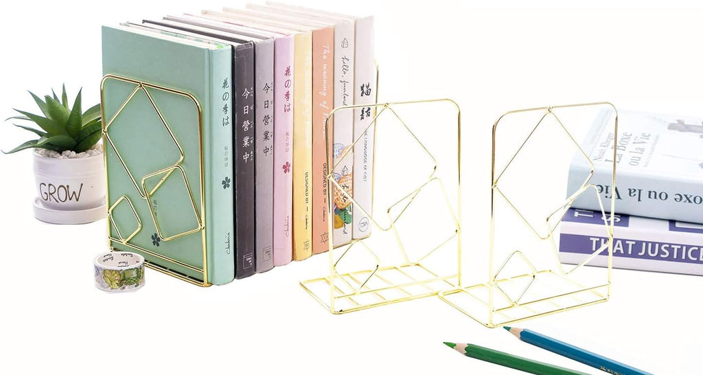 Agirlgle Bookends Metal Book Ends Heavy Duty Modern Decorative Bookend Bookshelf Decor for Home Library Office School Book Display Desktop Organizer Gift (Gold)