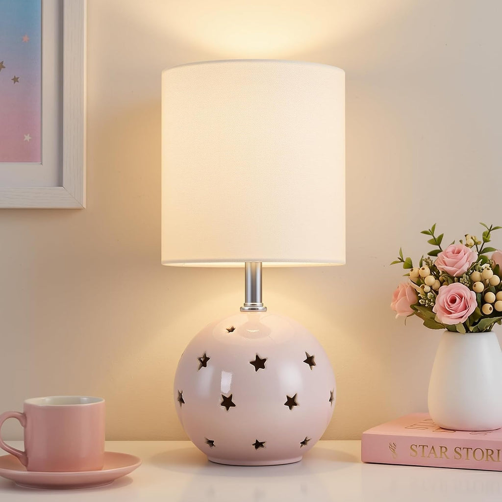 Small Table Lamp, 14" Pink Ceramic Bedside Lamp for Girls Kids Bedroom,Dorm