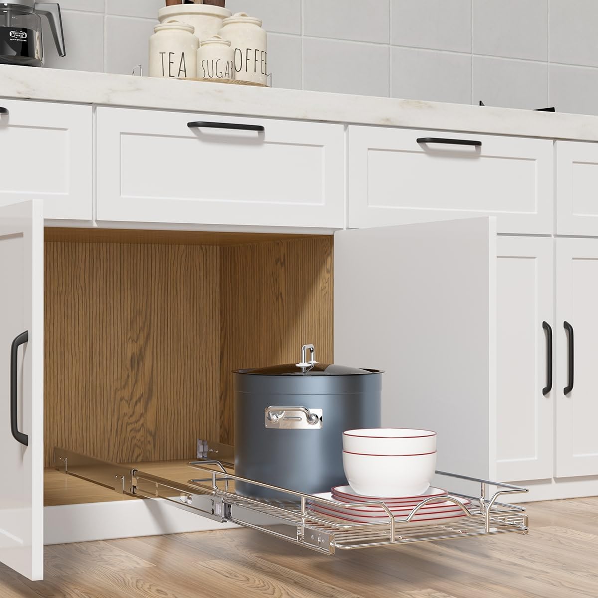 OCG Pull Out Cabinet Organizer 2 Pack (12" W x 21" D), Pull out Shelves 1 Tier, Cabinet Slide Out Shelves for Base Cabinet Organization in Kitchen Bathroom Pantry, Bottom Mount, Chrome Finish