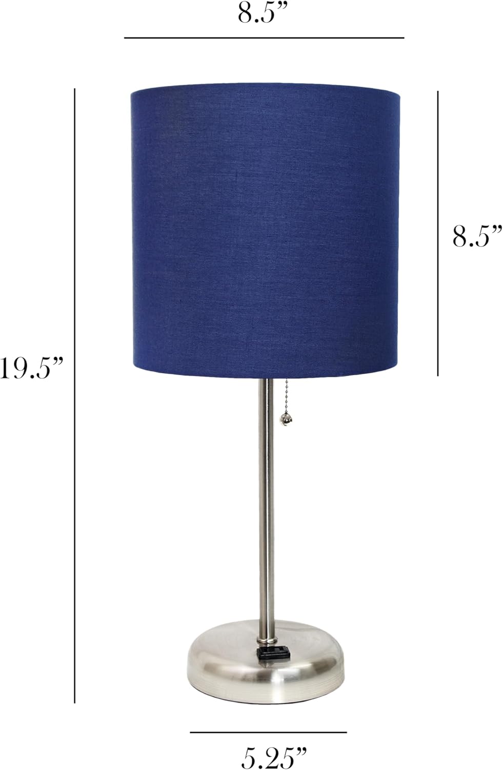 Simple Designs LT1144-NAV Sleek and Slender Brushed Steel Table Lamp with Charging Outlet, for Bedroom, Living Room, Entryway, Office, Dining Room, Study, Navy Blue Shade