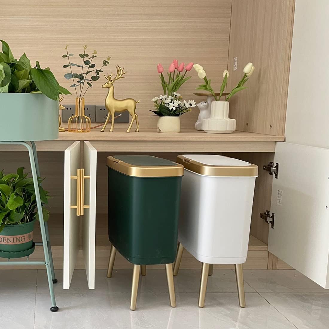 Procade Green Bathroom Trash Can with Lid,4 Gallon Retro Gold Garbage Can