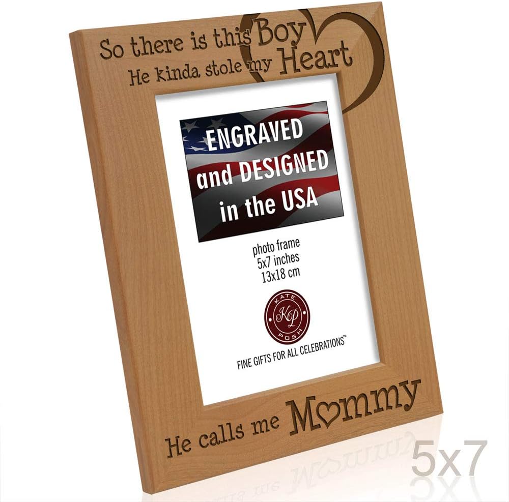 KATE POSH So There is This Boy He Calls me Mommy - Natural Engraved Wood Photo Frame Mother and Son Gifts, Mother's Day, Best Mom Ever, New Baby, (5x7-Vertical)