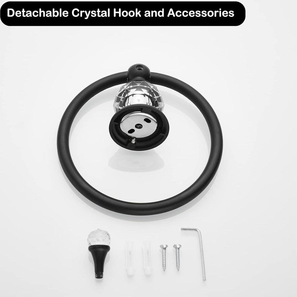 WOLIBEER Crystal Towel Ring,Matte Black Toilet Paper Holder Stand Hand Towel Holder Towel Hook Tissue Roll Paper Holder Towel Hanger Bathroom Hardware 2 Pieces Sets Wall Mounted