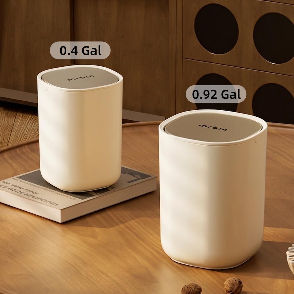 MRBIN Mini Trash Can Desk, 3.5 L/0.92 Gal Table Top Plastic Waste Basket with Stainless Steel Lid, Garbage Bin Small for Car, Bedroom, Coffee Bar, Vanity Countertop, White