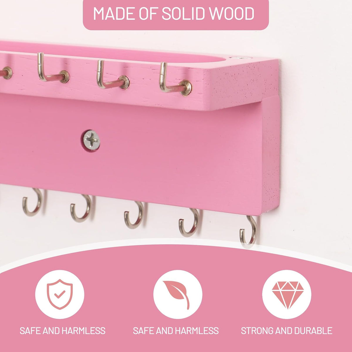 Necklace Holder Wall Mount,Jewelry Organizer with 30 Hooks,Pink