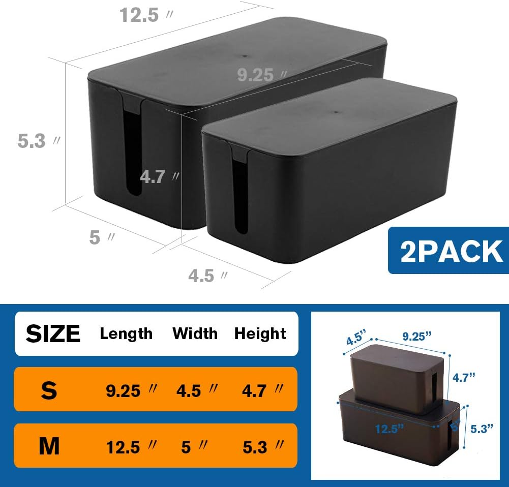ShellKingdom Cable Management Box, 2 Set Cable Organizer for Cable and Cord Management, Storage and Holder to Cover and Hide & Power Strips & Cords (Black)