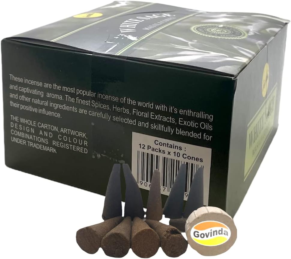 Sreevani Natural Masala Incense Cones and Holder Bundle, 120 Cones Total, White Sage