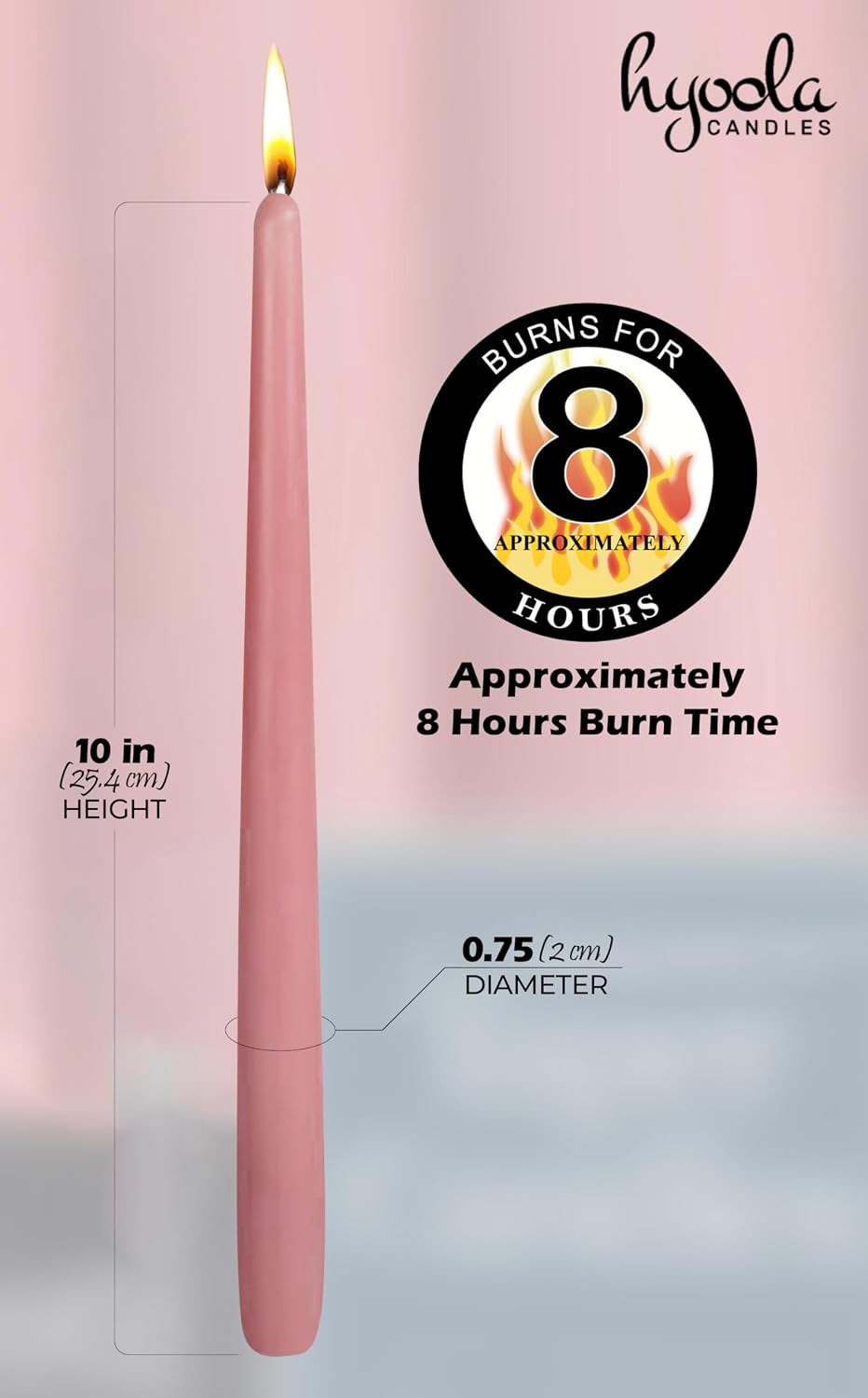 Hyoola 12 Pack Tall Taper Candles - 10 Inch Rose Pink Dripless, Unscented Dinner Candle - Paraffin Wax with Cotton Wicks - 8 Hour Burn Time