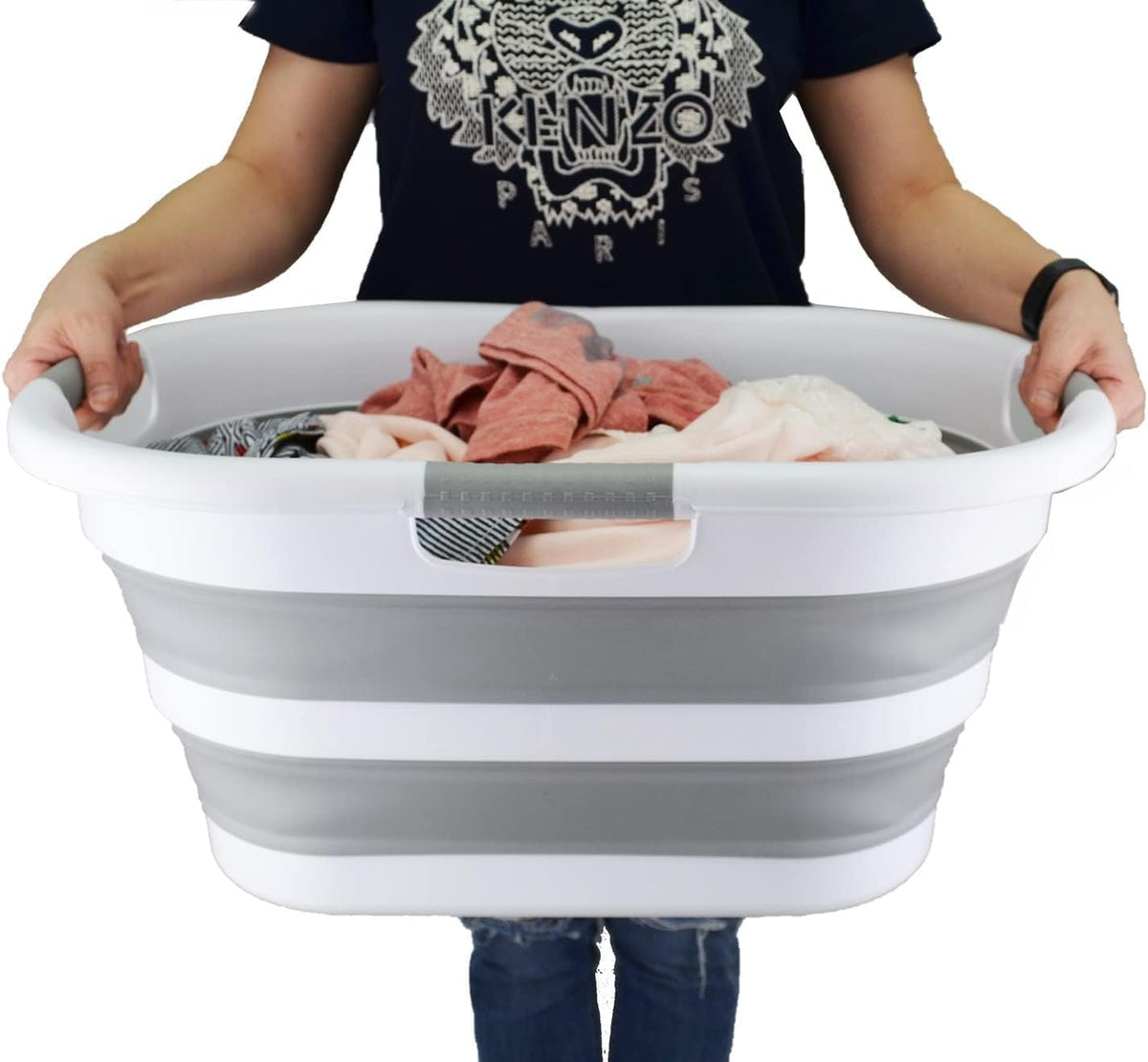 SAMMART 40L (10.5 gallon) Collapsible Plastic Laundry Basket - Space Saving Storage Container/Organizer - Portable Washing Tub - Foldable Pop Up Hamper/Basket (2, White/Grey)