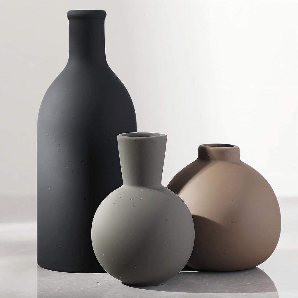 Ceramic Vase Set of 3 | Neutral Vases Home Decor | Modern Flower Pottery Vases Rustic Farmhouse Vase for Table Entryway Mantel Centerpiece Bookshelf Living Room Bathroom Bedroom -Multicolor Large