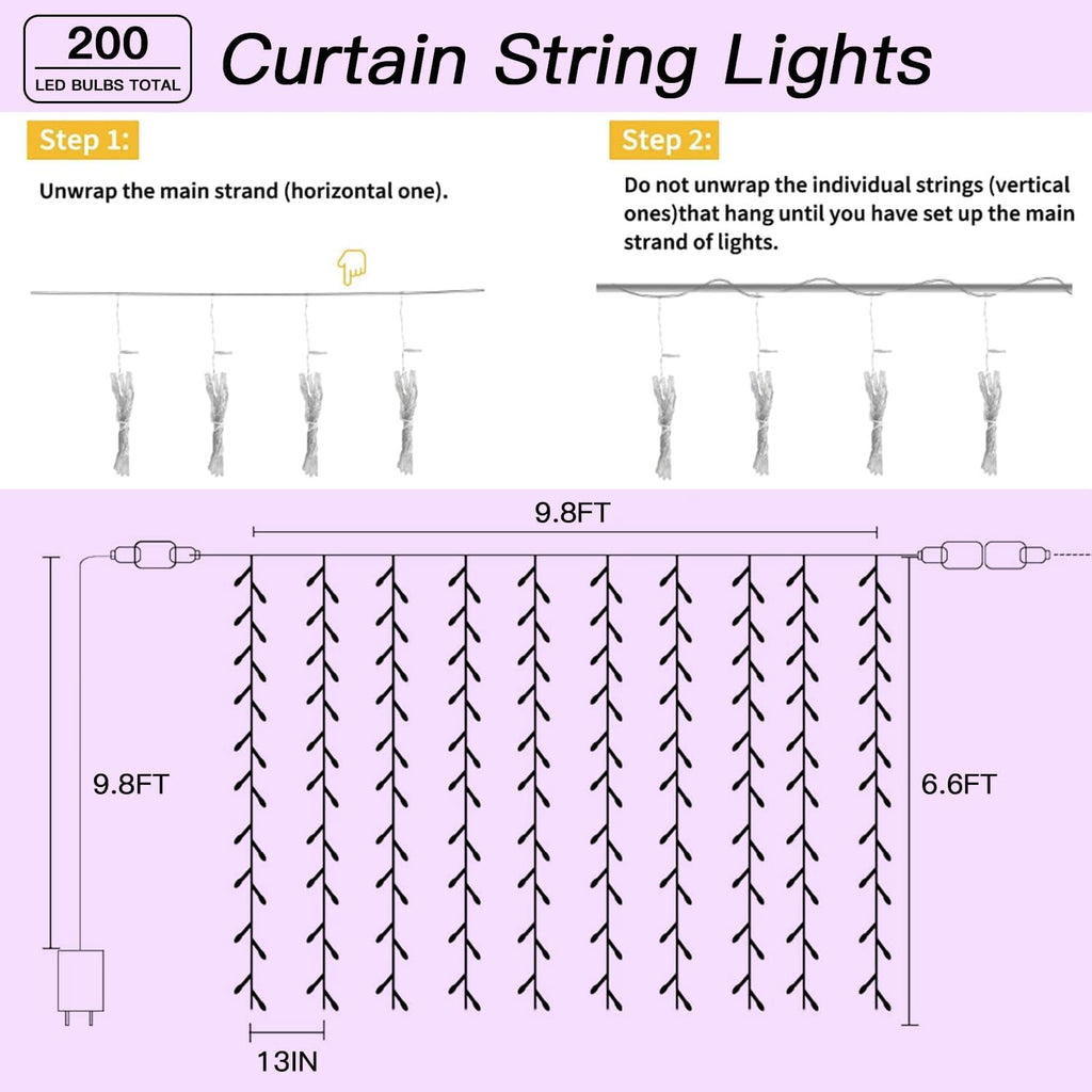 200 LED Multicolor Rainbow Curtain Fairy Lights 9.8x6.6FT Plug in