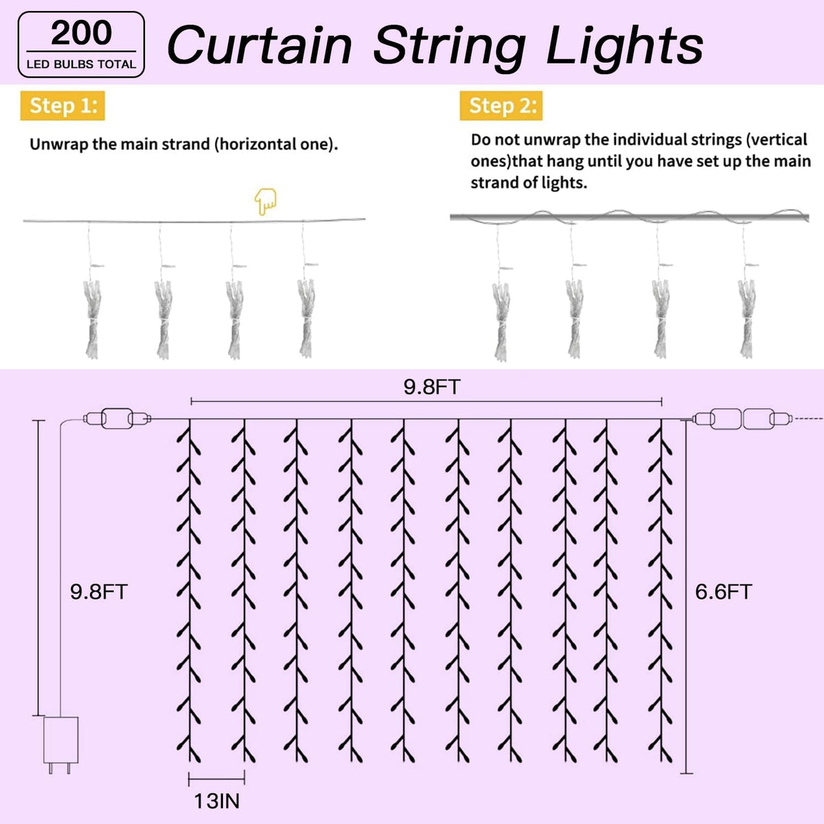 200 LED Multicolor Rainbow Curtain Fairy Lights 9.8x6.6FT Plug in