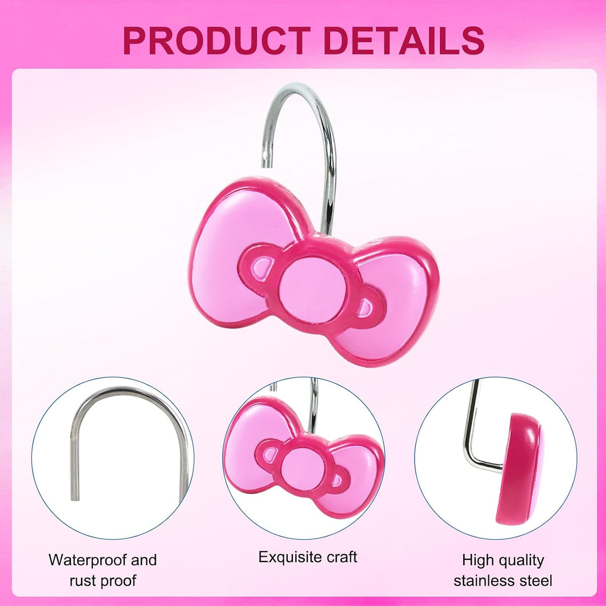 12-Piece Purple Bow Shower Curtain Hooks for Bathroom