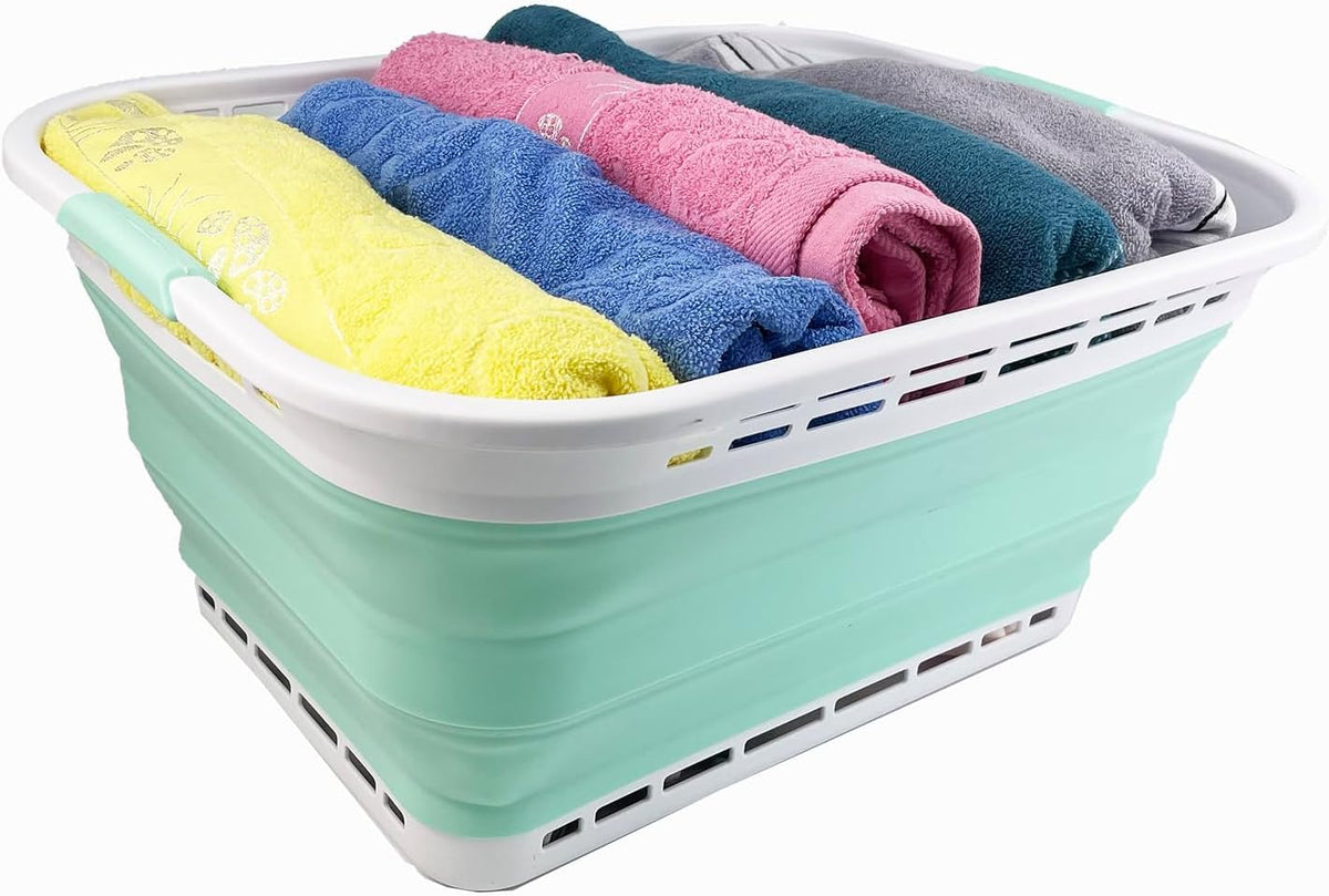 SAMMART 42L (11 gallons) Collapsible Plastic Laundry Hamper/Basket - Foldable Storage Container/Organizer - Portable Laundry Basket - Easy Storage Space Saving (White/Pale Jade)