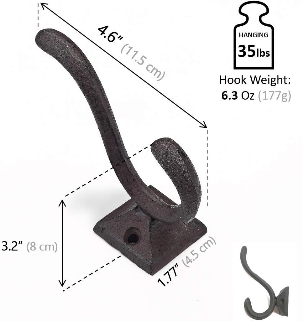 Ambipolar 5-Pack Antique Black Wall Hooks, Vintage Modern Farmhouse Style, Decorative Cast Iron Wall-Mounted Hooks, Heavy Duty Hooks for Mudroom, Bedroom, Hallway