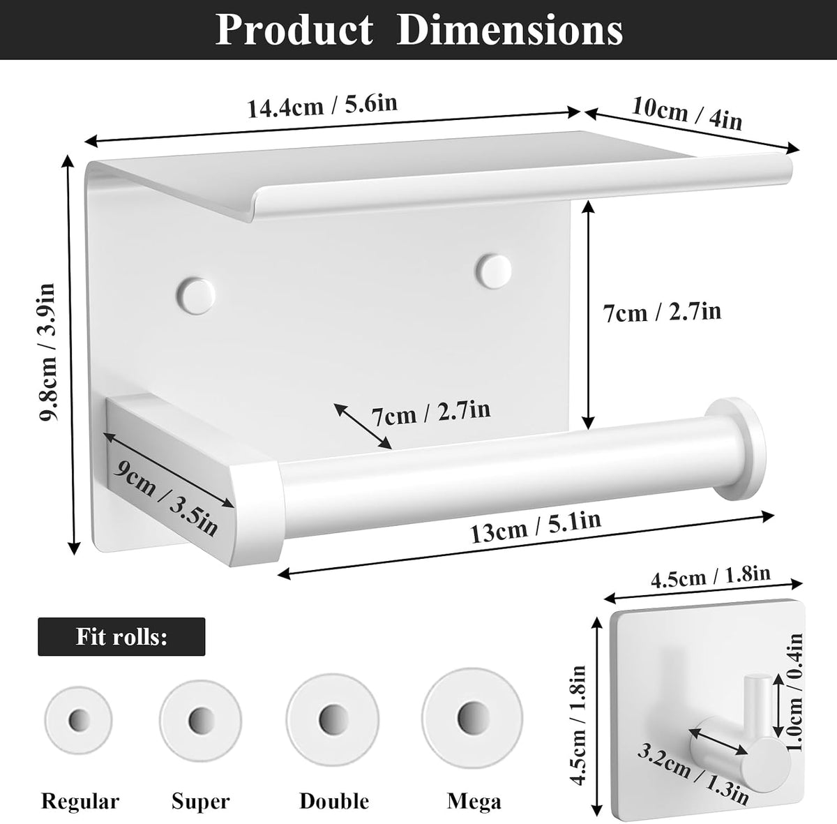 Tindbea Toilet Paper Holder with Phone Shelf + Towel Robe Hooks, Adhesive or Screw Wall Mounted Toilet Paper Roll Storage Dispenser, Stainless Steel Bathroom Tissue Roll Holder (White)