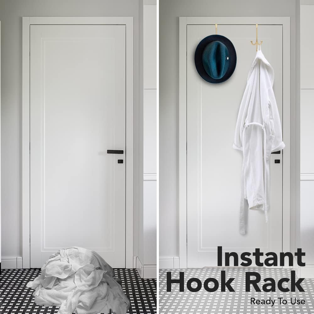 2-Pack Over The Door Hook - with 3 Hang Heads & Snug Fit Pads- 2Pcs Heavy Duty Hooks for Hanging Coats, Towels, Caps & Robes - Elegant Matt Finish - No Drill Hanger Organizer - Gold