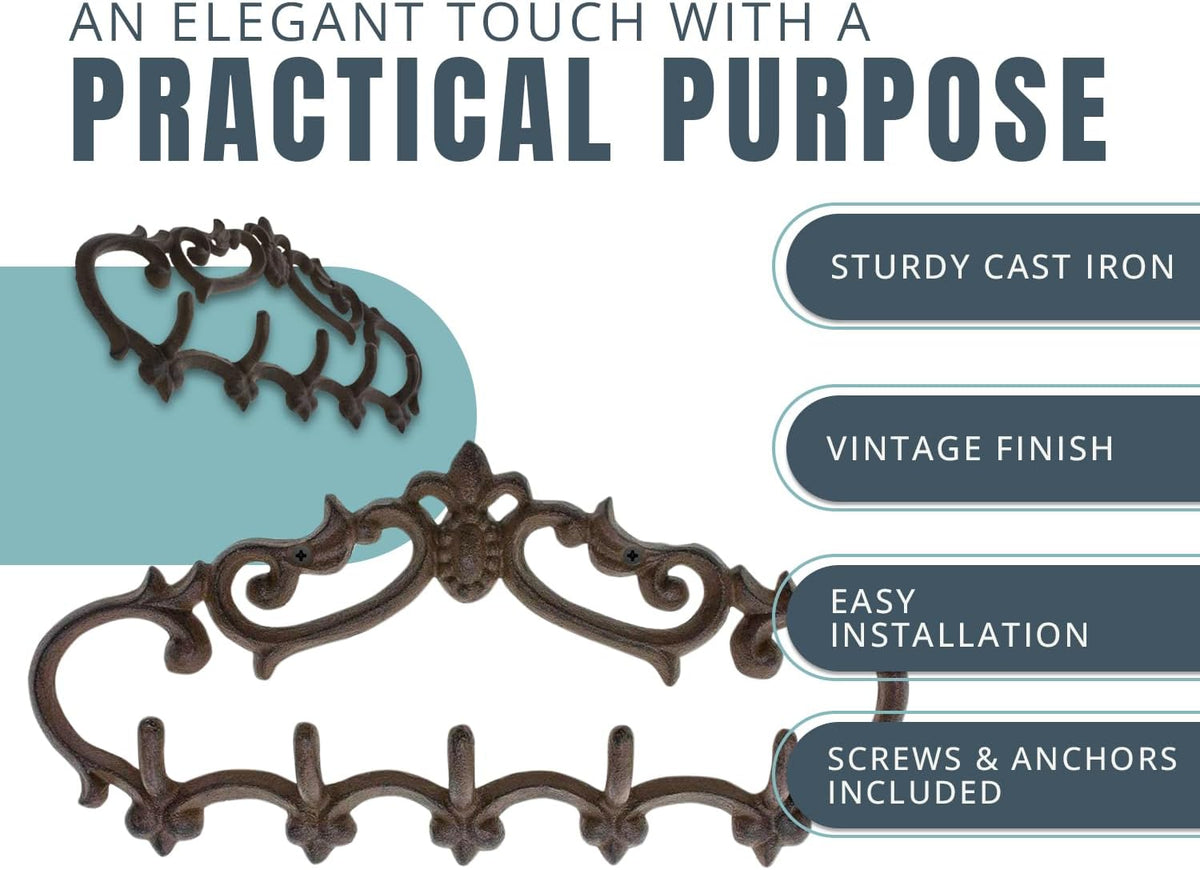 Comfify Brown Cast Iron Wall Hanger – 5 Hooks – Fleur-de-Lis – 12.6" x 5.9"