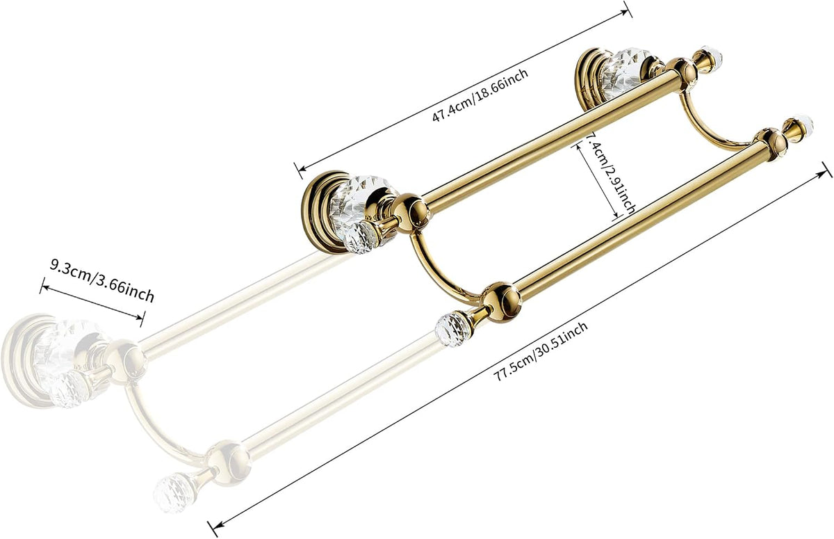 WINCASE Crystal Towel Holder Double, Adjustable Gold Towel Bar 18 to 30 Inch, Towel Rack Rail for Bathroom Wall Mounted