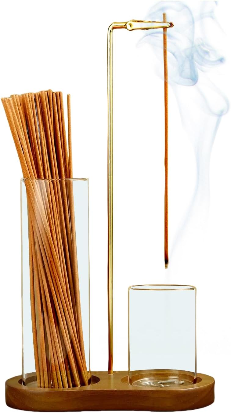 2 in 1 Incense Holder for Sticks, Anti-Ash Flying Incense Burne with Glass Ash Catcher and Incense Sticks Organizer for Meditation Yoga Spa Home Decor (Dark Base)
