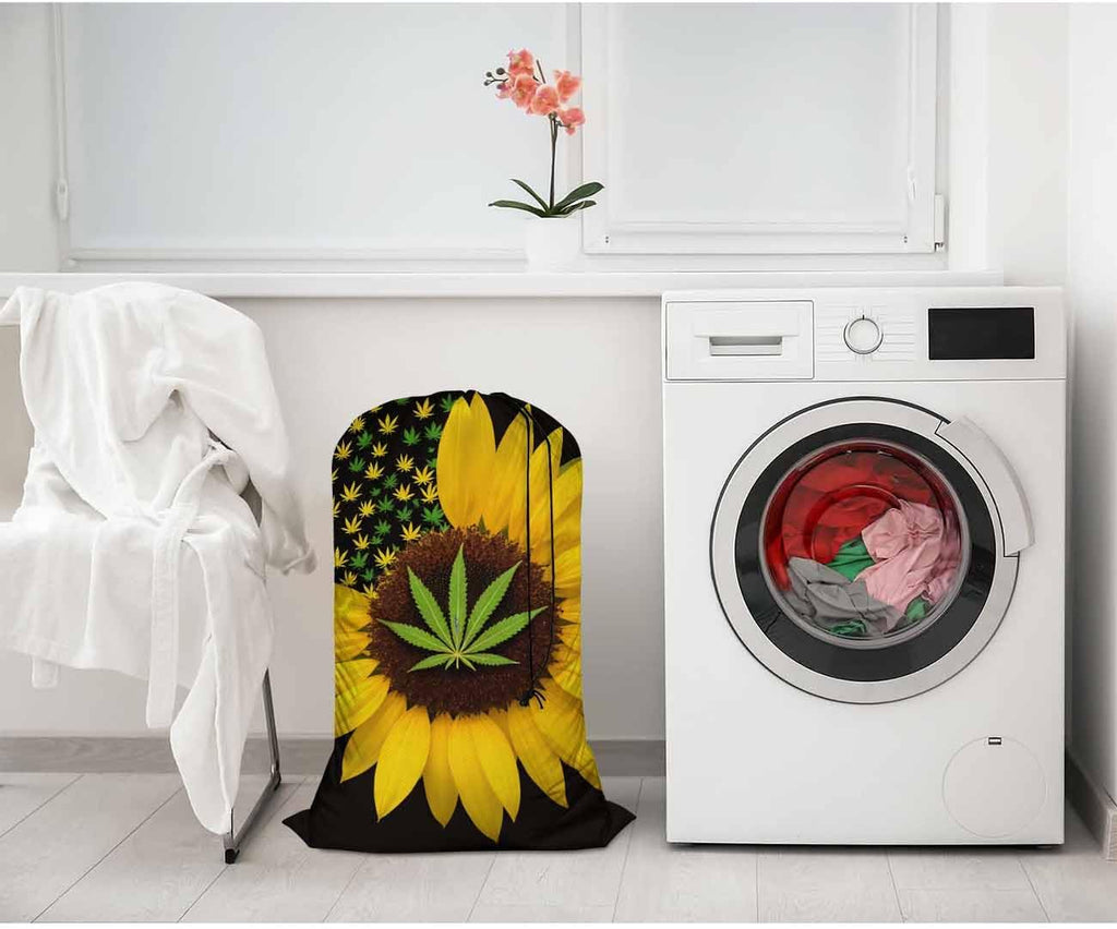 Swono Sunflower With Leaves Drawstring Portable Large Capacity Laundry Bags Summer Yellow Floral Blossom Travel Storage Bags for Apartments, Vacations, Home, 28x40 Inch