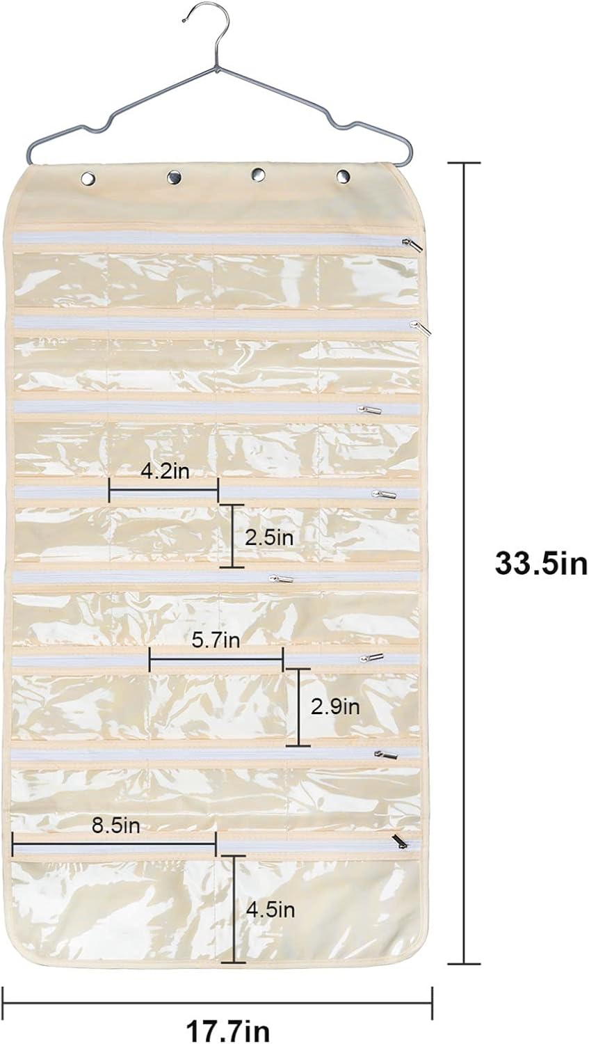 Beige Hanging Jewelry Organizer 56 Pockets for Necklaces Bracelets Storage