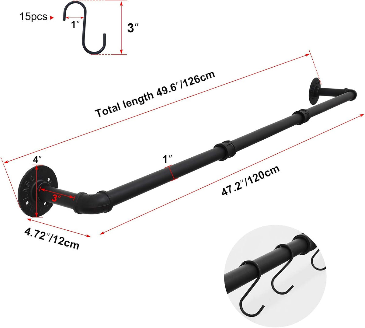 TLBTEK 50 inch Black Pipe Pot Bar Rack Wall Mounted Detachable Pans Hanging Rail Kitchen Lids Utensils Hanger Holders with 15 S Hooks
