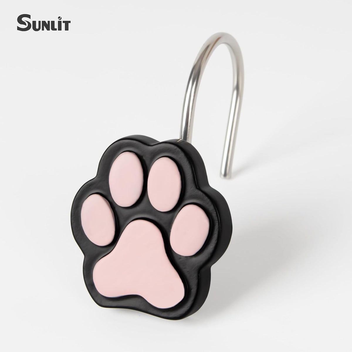 Sunlit Cute Paw Print Decorative Shower Curtain Hooks for Dog Cat Bear, Resin, Lovely Shower Curtain Rings for Kids, Bathroom Decoration Curtain Hangers, 12 Pack, Black & Pink