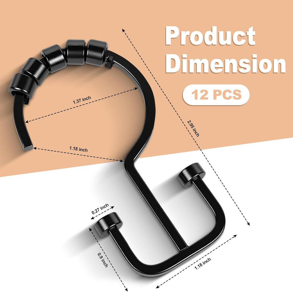 BBV Shower Curtain Hooks Rings, 12 Pcs Rust Resistant Metal Double Glide Shower Hooks for Bathroom Shower Rods Curtains(Black)