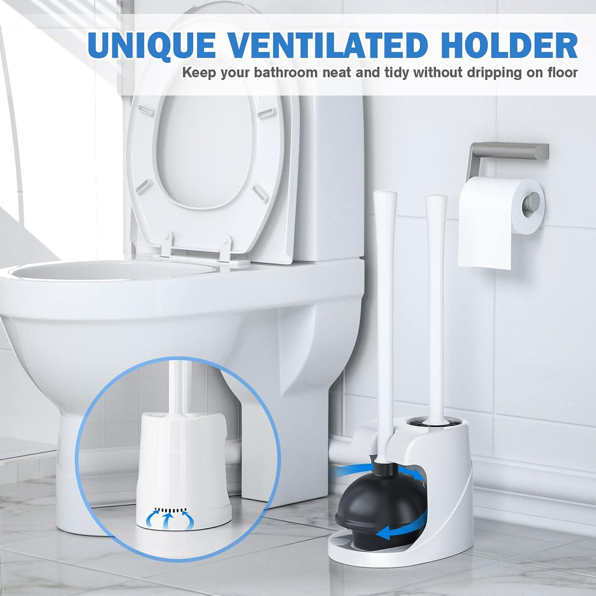 Toilet Plunger and Brush, Bowl Brush and Heavy Duty Toilet Plunger Set with Ventilated Holder, 2-in-1 Bathroom Cleaning Combo with Modern Caddy Stand for 5.7-inch Toilet Drain(White)