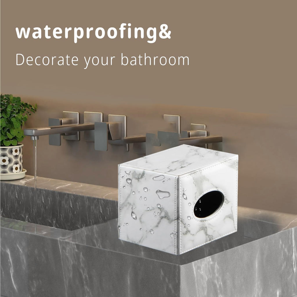 PU Leather Tissue Box Cover Square, Marble Facial Tissue Cube Box Holder