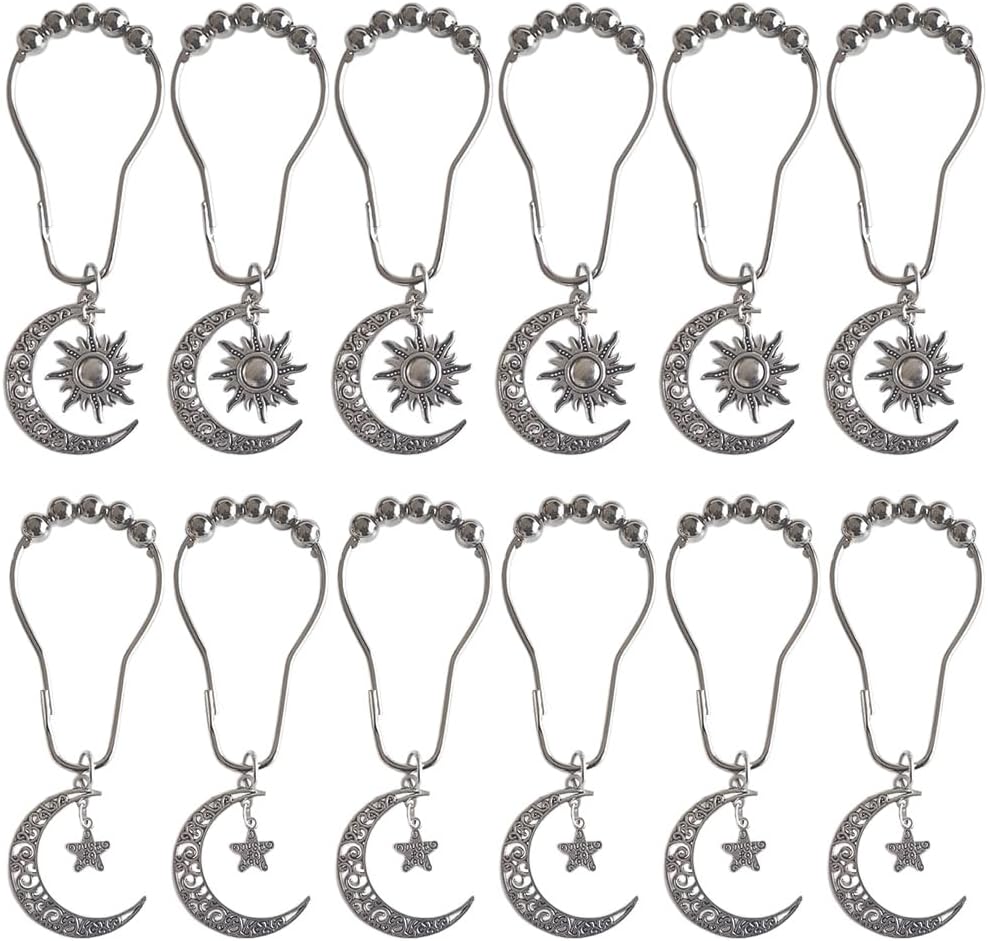 Decorative Sun Moon Celestial Shower Curtain Hooks Rings Set of 12, Silver