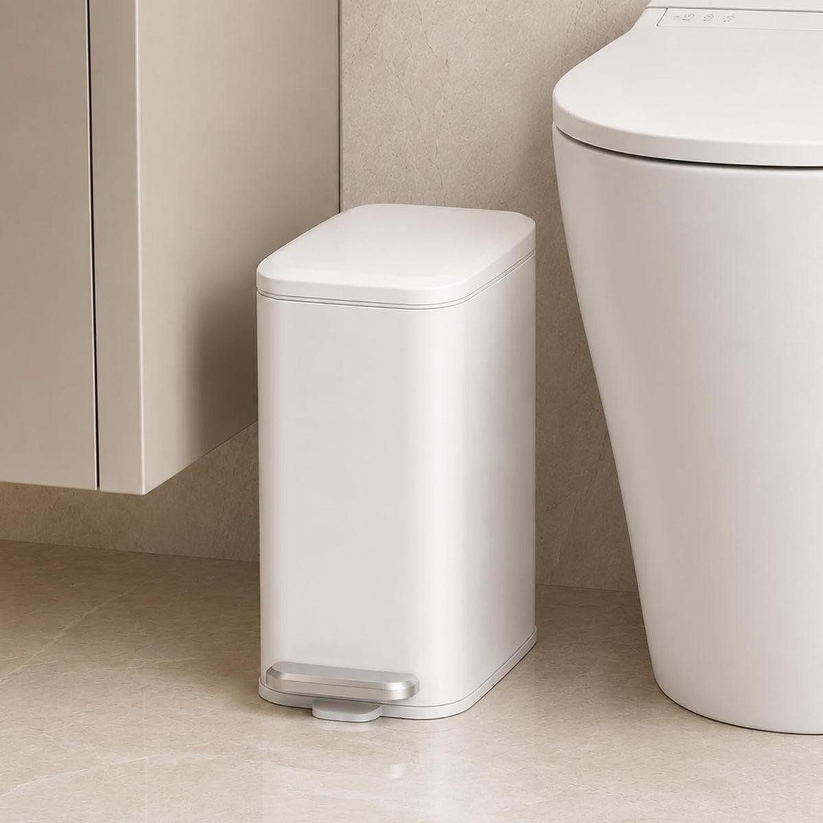 Cesun Slim Bathroom Trash Can with Lid, Soft Close, White, 6L/1.6 Gallon