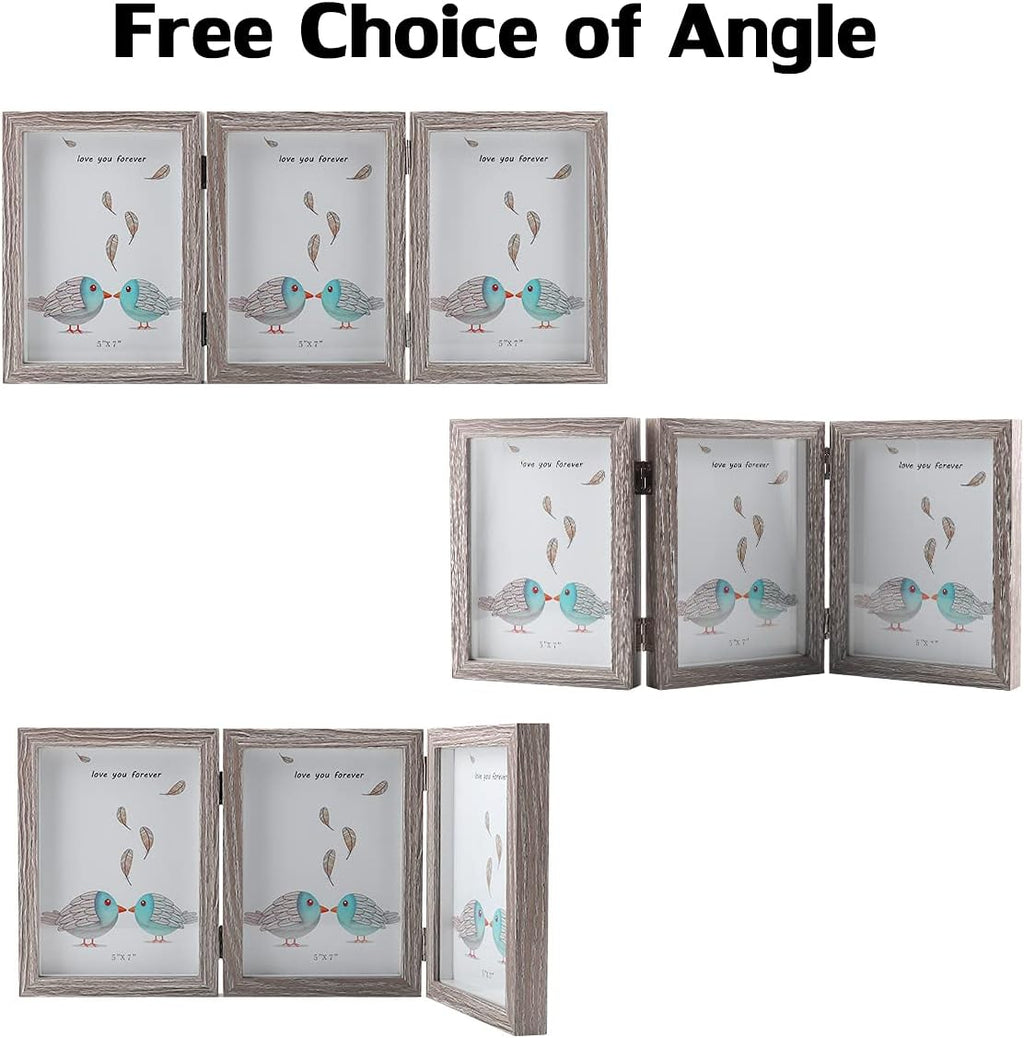 5x7 Triple Hinged Picture Frames Shadow Box MDF Wood Grey with Real Glass 3 Vertical Opening Family Lover Gift