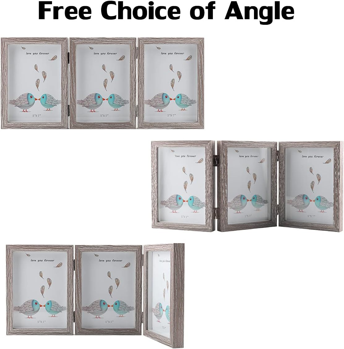 5x7 Triple Hinged Picture Frames Shadow Box MDF Wood Grey with Real Glass 3 Vertical Opening Family Lover Gift