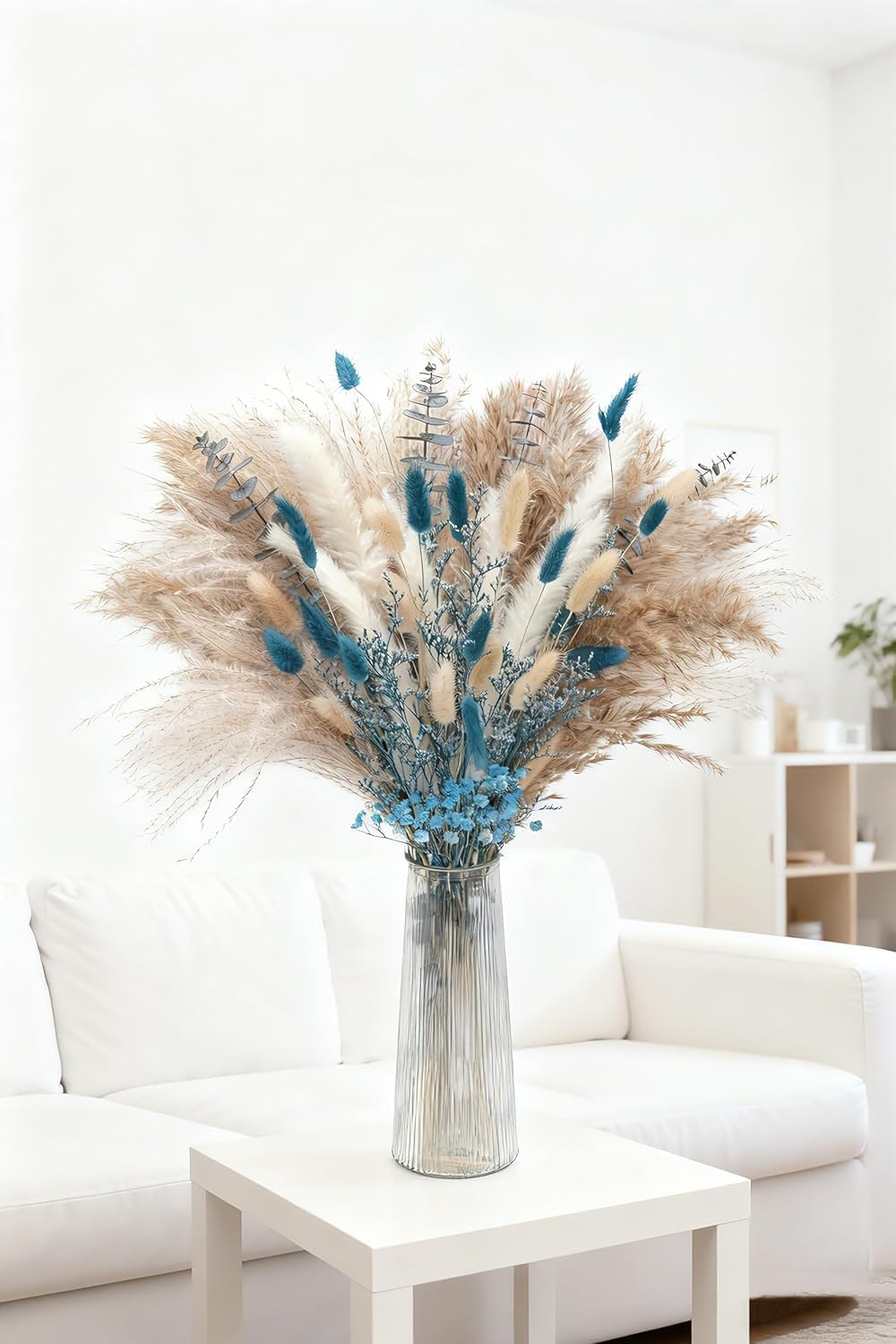 Real Blue Boho Decor Pampas Grass and Babys Breath, Eucalyptus Bouquet