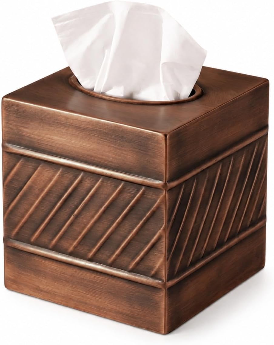 Monarch Abode Tissue Box Cover Square – Handcrafted Wave Embossed Antique Copper Metal Tissue Holder Box for Bathroom Accessory, Aesthetic Decorative Facial Napkin Cube for Modern Home Decor