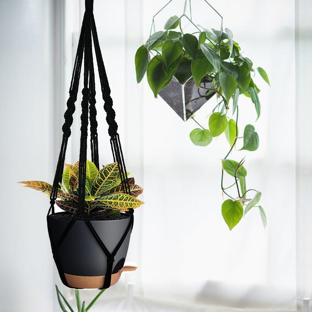 Bouqlife 3 Pack Self Watering Hanging Planters Macrame Plant Hangers with Indoor Flower Pots, 3 Different Size Hanging Basket, Plant Hanger with Hooks for Garden Home Decor Black