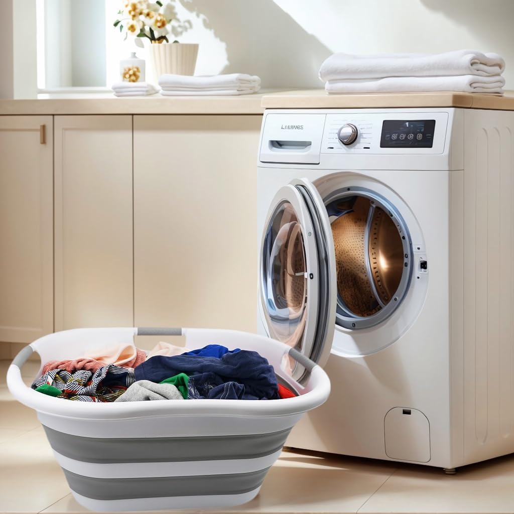 SAMMART 40L (10.5 gallon) Collapsible Plastic Laundry Basket - Space Saving Storage Container/Organizer - Portable Washing Tub - Foldable Pop Up Hamper/Basket (2, White/Grey)
