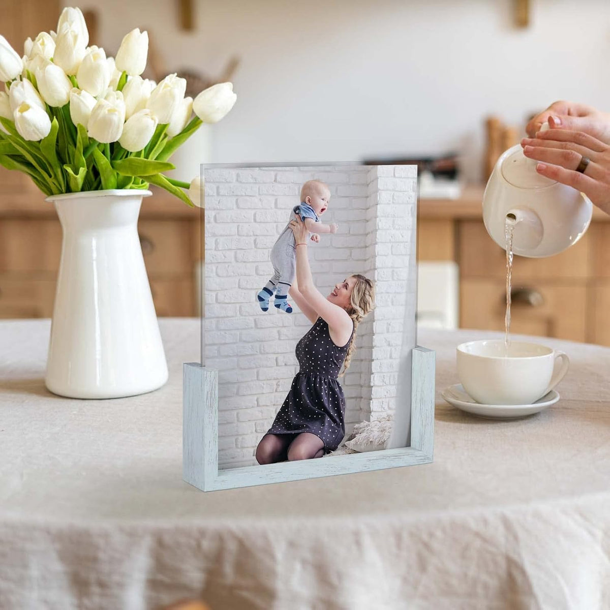 PETAFLOP 4x6 Picture Frame 2 Pack, Double Sided Glass Photo Frames 4 by 6 U-Shaped Blue Menu Holder Sign Card Stand for Desktop or Tabletop