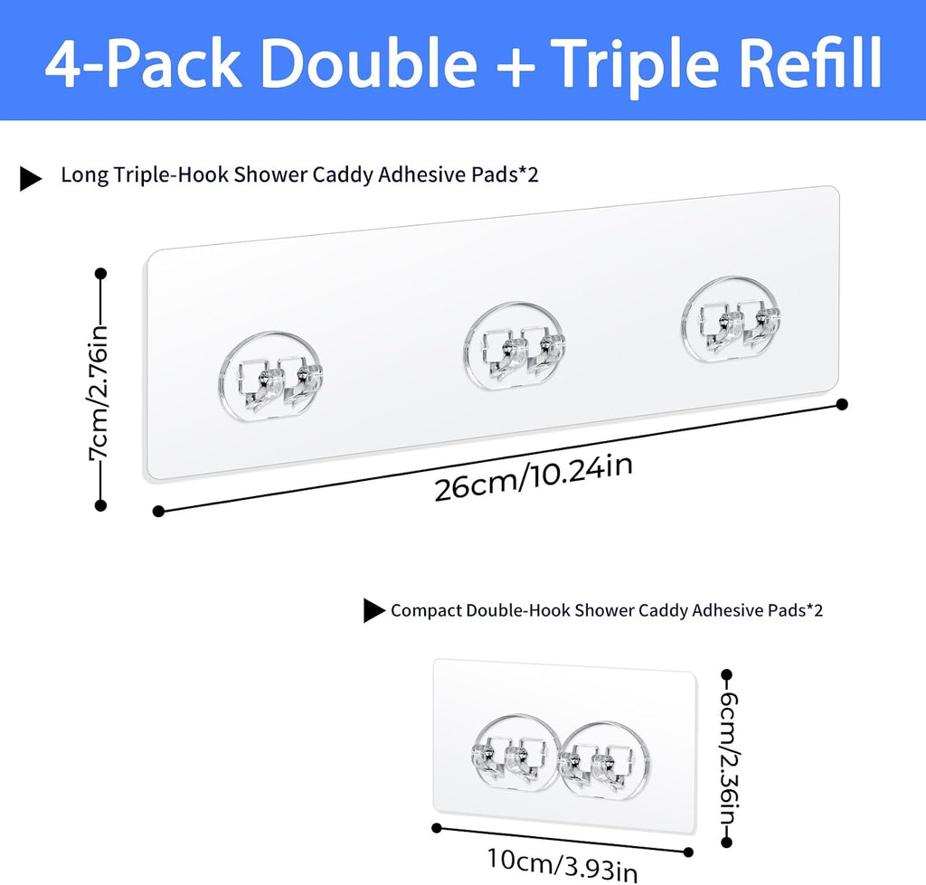 Shower Caddy Adhesive Replacement Hooks, Strong Waterproof Strips, No Drilling for Bathroom Shelves, Kitchen Racks, and Soap Holders (Transparent-4 Pack)