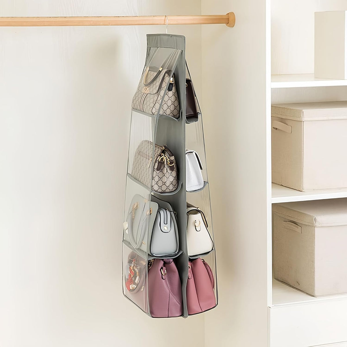 HAN SHENG 8-Pocket Clear Hanging Purse Organizer for Closet, Grey, 2 Pack